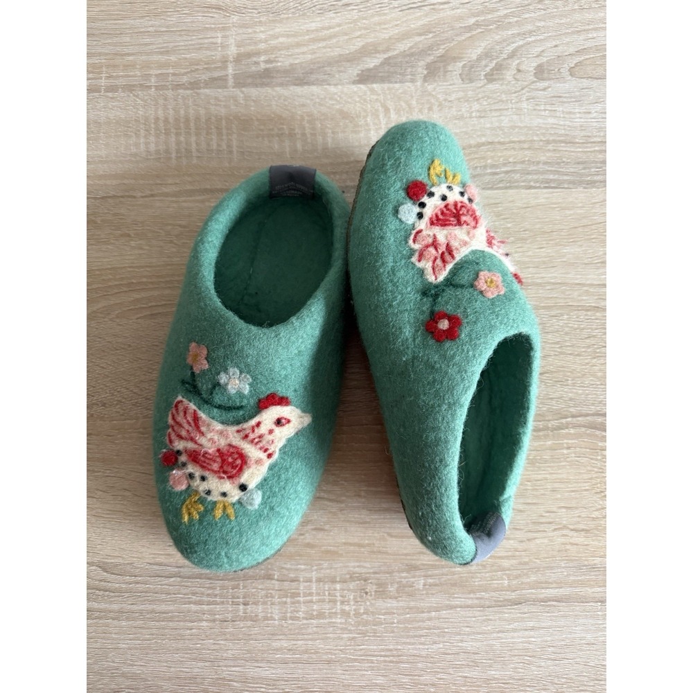 French Knot x Print Fresh 100% Wool Slippers House Shoes Sz L 9-9.5 Chicken